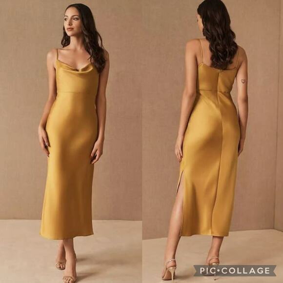 BHLDN Dresses & Skirts - BHLDN Sachin & Babi Cali Golden Rod Cowl Neck Sleeveless Satin Slip Midi Dress 8